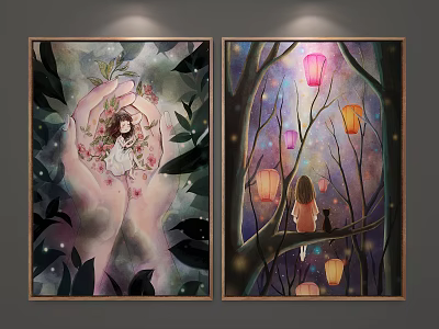 Character Paintings Featuring Girl in Hands with Leaves Flowers and Forest Scene with Lanterns 3d model