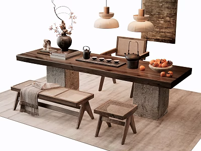 Natural Wooden Tea Table and Chairs With Stone Legs Fresh Fruits Tea Set and Vase 3d model