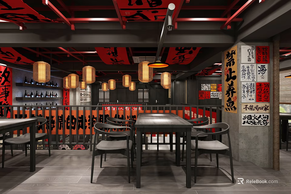 Traditional Chinese Hotpot Restaurant Interior Featuring Red Black Decor Lanterns And Calligraphy Art 3d model 