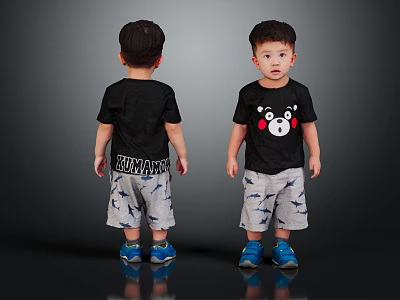 Cute Toddler Boy Wearing Black Bear Print T Shirt And Gray Shorts 3d model