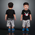 Cute Toddler Boy Wearing Black Bear Print T Shirt And Gray Shorts