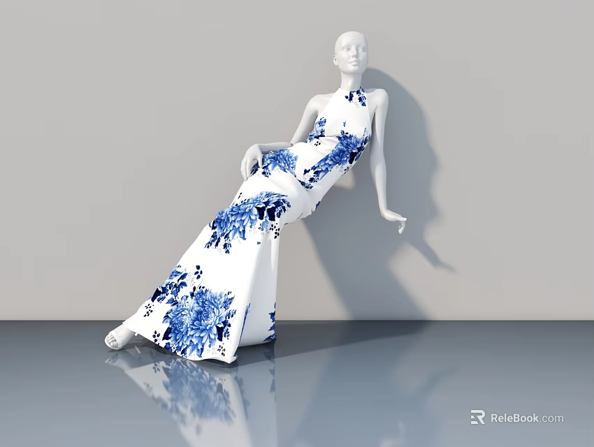 Modern Hinged Door with Blue Floral Pattern and White Frame for Home Interior 3d model 