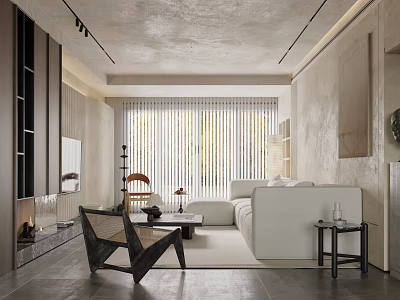 Modern Minimalist Living Room Interior With Beige Walls White Sofa Black Chair And Blinds 3d model