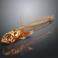 Golden Fish Skeleton Structure With Skull Spines And Dark Background Reflection