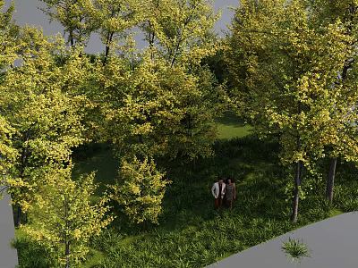 Lush Arbor Outdoor Scenery With People Walking Under Green Leaves And Grassland 3d model