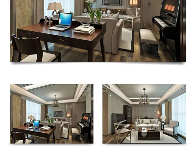 Modern Elegant Office Interior With Wooden Desk Laptop Sofa Table Lamp And Plants 3d model