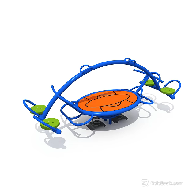 Children's Playground Equipment With Blue Frame Orange Circular Platform And Green Seats 3d model 