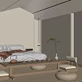 Zen Japanese Bedroom Interior With Wooden Bed Tatami Mat Woven Cushions And Wall Art