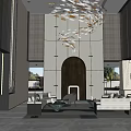 Modern Sales Office Interior With Fish Shaped Chandeliers Textured Walls Gray Flooring And Large Windows