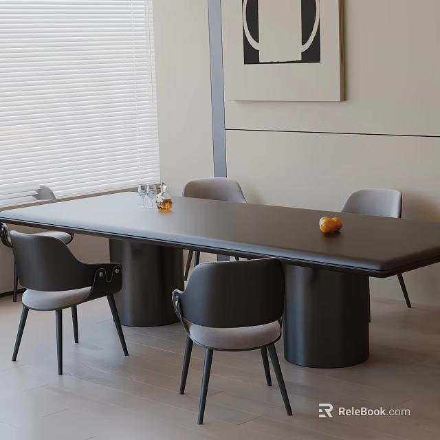 Modern Dining Table Set with Black Long Table Grey Upholstered Chairs Fruit and Glass Decor 3d model 