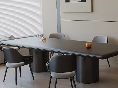 Modern Dining Table Set with Black Long Table Grey Upholstered Chairs Fruit and Glass Decor 3d model
