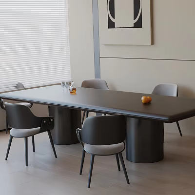 Modern Dining Table Set with Black Long Table Grey Upholstered Chairs Fruit and Glass Decor 3d model
