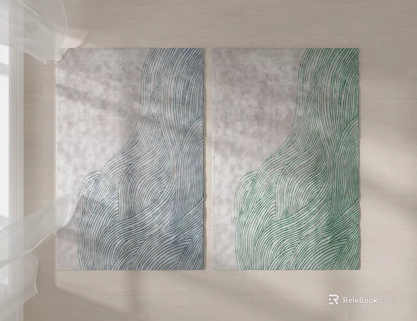 Blue and Green Square Rugs with Wavy Lines Pattern on Light Floor in Modern Room 3d model 