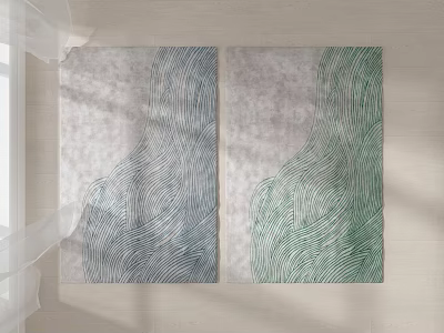 Blue and Green Square Rugs with Wavy Lines Pattern on Light Floor in Modern Room 3d model