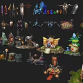 Cartoon Scene With Fantasy Weapons Skulls Buildings Vehicles And Decorative Props