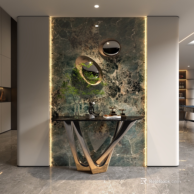 Entryway with Marble Wall Circular Mirrors Green Plant and Metal Stand Table 3d model 