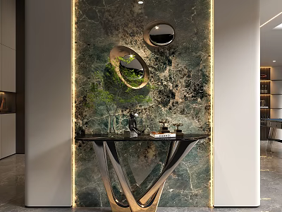 Entryway with Marble Wall Circular Mirrors Green Plant and Metal Stand Table 3d model