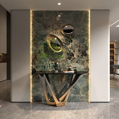 Entryway with Marble Wall Circular Mirrors Green Plant and Metal Stand Table 3d model