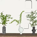 Stylish Vases With Leafy Green Plants On Wooden Tabletop Against Geometric Wall Niches