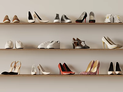 Fashionable Various Shoes Displayed On Wooden Shelves Including High Heels Sneakers And Flats 3d model