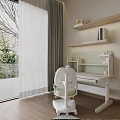 Modern Height Adjustable Desk with Natural Light Through Window and Wooden Shelves for Books Decorations