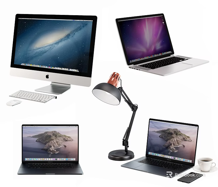 Modern iMac Desktop and MacBook Laptops Tech Devices Setup with Scenic Screens 3d model 