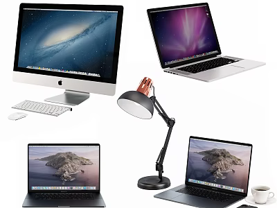 Modern iMac Desktop and MacBook Laptops Tech Devices Setup with Scenic Screens 3d model
