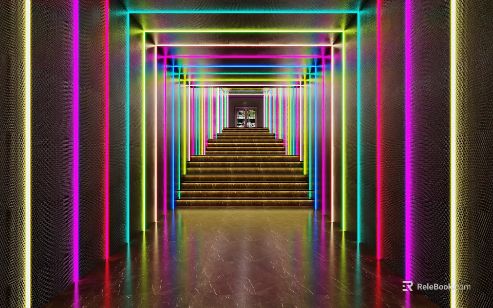 Modern Office Corridor With Colorful Neon Lights Wooden Stairs And Polished Floor 3d model 