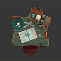 Enchanted Wizard Workbench With Wooden Table Stool Shelf Glowing Book Skull And Teal Smoke