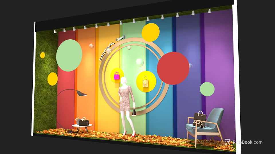 Fashion Shop Window Display with Colorful Circular Decorations Mannequin in Dress Handbags and Fall Leaves 3d model 