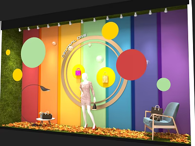 Fashion Shop Window Display with Colorful Circular Decorations Mannequin in Dress Handbags and Fall Leaves 3d model