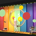 Fashion Shop Window Display with Colorful Circular Decorations Mannequin in Dress Handbags and Fall Leaves