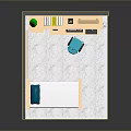 Modern Simple Bedroom Interior With Bed Desk Bookshelf Chair Lamp Blue Poster And Marble Floor