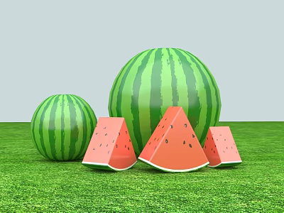 Commercial Fruit Display Equipment With Whole And Sliced Watermelons On Green Grass 3d model