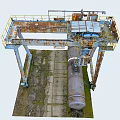 Rusted Industrial Equipment Structure With Yellow Guardrails Metal Platform And Pipes On Concrete Floor