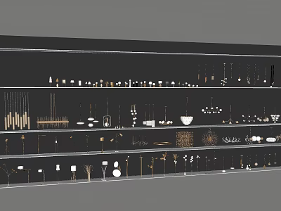 Various Modern Chandelier Designs Displayed on Shelves in Lighting Store 3d model
