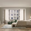Modern Bedroom Interior With Green Wall Beige Bed Green Armchair Nightstand Floor Lamp And Rug