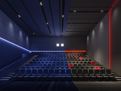 Modern Cinema Interior Design Featuring Rows Of Comfortable Seats And Ambient Lighting 3d model