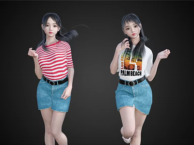 Two Women in Red Striped and Flamingo Print Tops with Denim Skirts Posing Dynamically 3d model