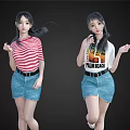 Two Women in Red Striped and Flamingo Print Tops with Denim Skirts Posing Dynamically