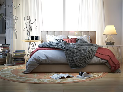 Double Bed With Headboard Soft Blanket Pillows Table Lamp And Area Rug In Bright Room 3d model