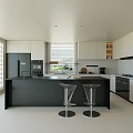 Modern Kitchen Interior With White Cabinets Black Island Bar Stools And Appliances