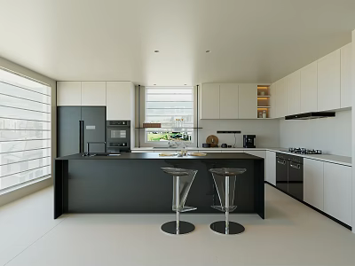 Modern Kitchen Interior With White Cabinets Black Island Bar Stools And Appliances 3d model