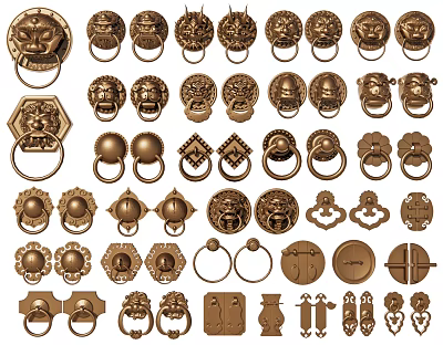 Various Ornate Door Handles in Classic Metal Designs with Intricate Patterns 3d model