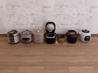 Various Kitchen Appliances In Different Styles And Colors On Wooden Floor 3d model