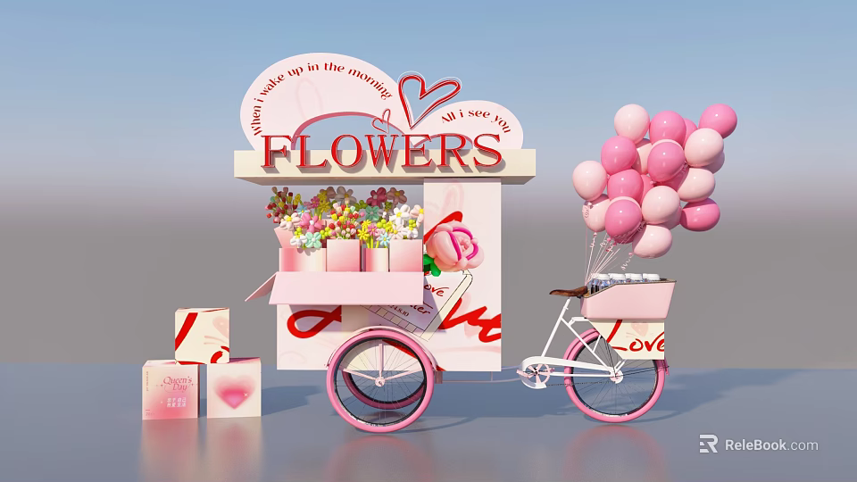 Interactive Area With Flower Cart Pink Balloons Heart Elements And Gift Boxes 3d model 