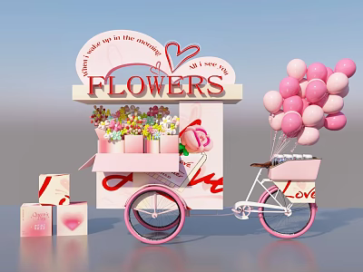 Interactive Area With Flower Cart Pink Balloons Heart Elements And Gift Boxes 3d model