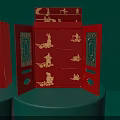 Traditional Red Storage Box With Golden Patterns Multiple Drawers And Decorative Figures 3d model