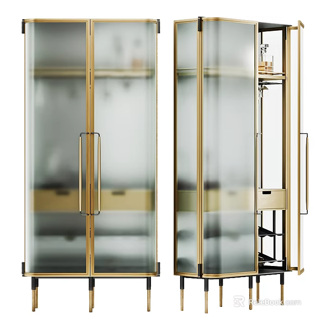 Elegant Modern Wine Cabinet With Glass Doors Golden Metal Frame Shelves And Drawers 3d model 