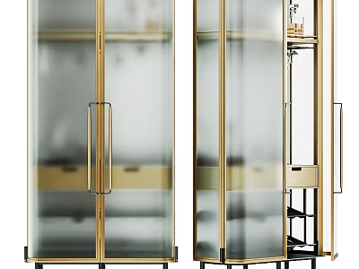 Elegant Modern Wine Cabinet With Glass Doors Golden Metal Frame Shelves And Drawers 3d model